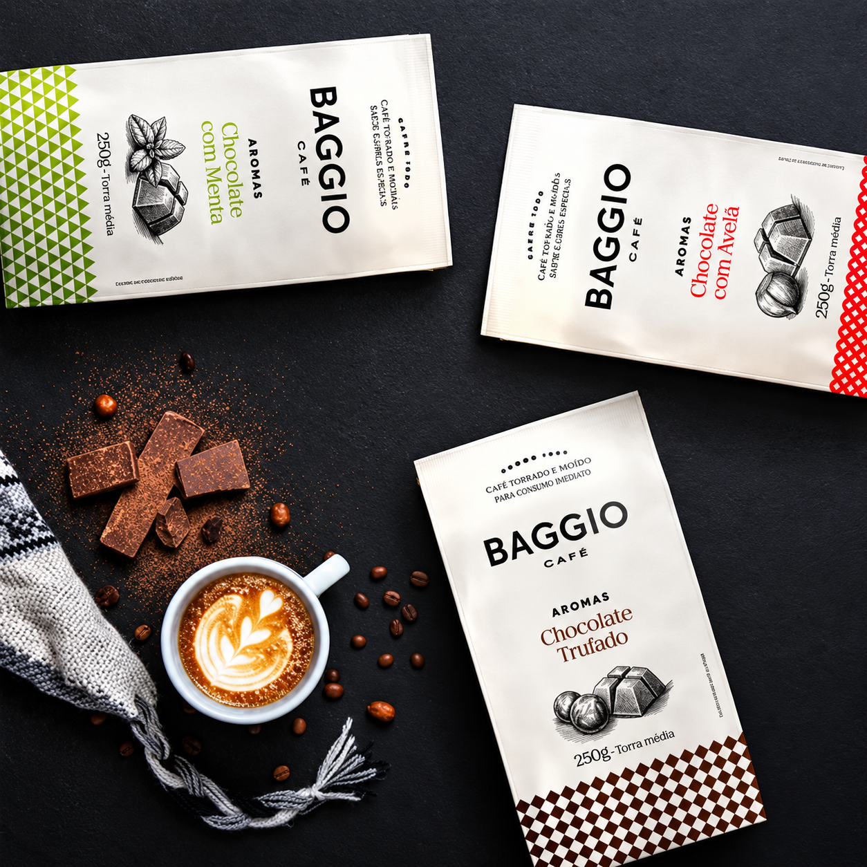 Café preparado com grãos e embalagens Baggio Aromas